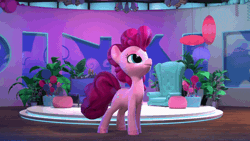 Size: 800x450 | Tagged: 3d, animated, chair, derpibooru import, gif, hello pinkie pie, pinkie pie, plant, potted plant, prancing, safe, screencap, smiling, solo, studio, year in review