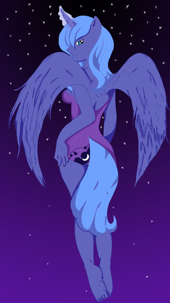 Size: 2867x5097 | Tagged: artist:vampenxwitch, breasts, clothes, derpibooru import, dress, eared humanization, female, horn, horned humanization, human, human female, humanized, looking at you, looking back, looking back at you, night, night sky, night sky background, panties, panty shot, pony coloring, princess luna, sky, solo, solo female, suggestive, tailed humanization, underwear, winged humanization, wings