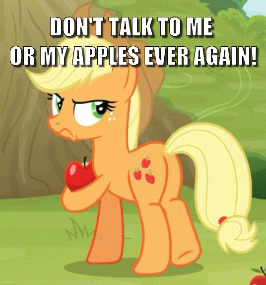 Size: 536x573 | Tagged: apple, applejack, butt, caption, cropped, derpibooru import, don't talk to me or my son ever again, edit, edited screencap, food, frown, going to seed, image macro, meme, plot, safe, screencap, text