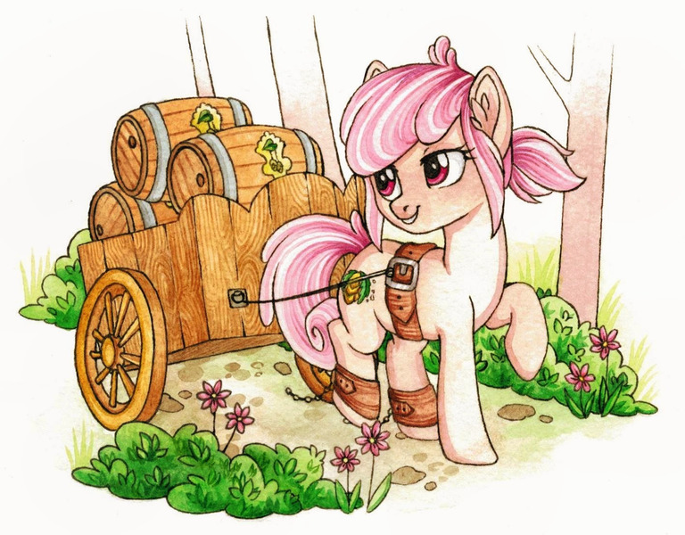 Size: 1419x1108 | Tagged: safe, artist:red-watercolor, derpibooru import, oc, oc:hopple scotch, unofficial characters only, earth pony, pony, barrel, cart, female, flower, keg, mare, outdoors, raised hoof, road, simple background, smiling, solo, traditional art, tree, watercolor painting, white background