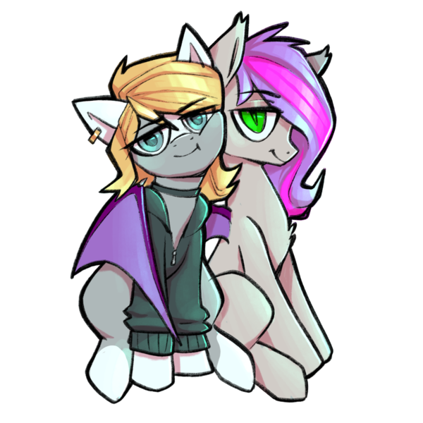 Size: 1200x1200 | Tagged: safe, artist:earthpone, derpibooru import, oc, oc:frigg, oc:windseeker, unofficial characters only, bat pony, earth pony, pony, 2020 community collab, derpibooru community collaboration, cute, digital art, duo, female, hug, mare, ponysona, simple background, transparent background, winghug