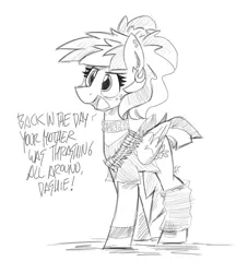 Size: 2205x2429 | Tagged: safe, artist:flutterthrash, derpibooru import, windy whistles, pegasus, pony, alternate hairstyle, black and white, bullet belt, clothes, collar, dialogue, female, grayscale, mare, metal, monochrome, outfit, piercing, solo, vest, wristband