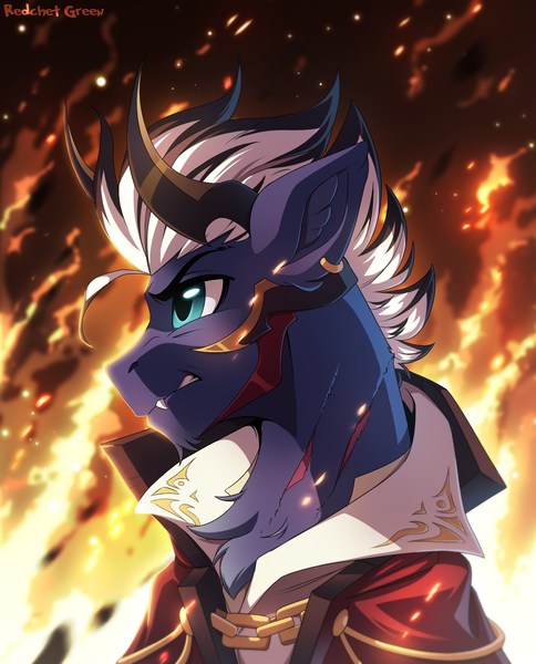 Size: 1500x1859 | Tagged: safe, artist:redchetgreen, derpibooru import, oc, oc:dark artemid, unofficial characters only, earth pony, badass, clothes, fantasy, fire, male, solo