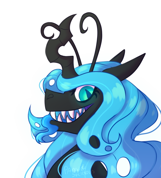 Size: 2786x3094 | Tagged: antennae, artist:paradiseskeletons, blue changeling, cackling, changeling, changeling oc, changeling queen, changeling queen oc, derpibooru import, female, grin, head shot, looking at you, oc, oc:queen fylifa, safe, smiling, toothy grin