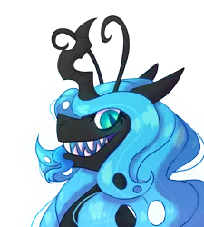 Size: 2786x3094 | Tagged: antennae, artist:paradiseskeletons, blue changeling, cackling, changeling, changeling oc, changeling queen, changeling queen oc, derpibooru import, female, grin, head shot, looking at you, oc, oc:queen fylifa, safe, smiling, toothy grin