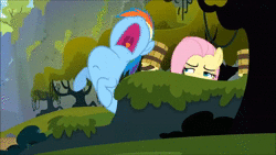 Size: 1280x720 | Tagged: safe, derpibooru import, screencap, applejack, fluttershy, rainbow dash, spike, bird, dragon, earth pony, pegasus, pony, timber wolf, spike at your service, animated, bucket sandals, covering ears, earthquake, eye, eyes, female, forest, inhaling, leaves, male, mare, rake, roar, sound, tree, webm, zoom out