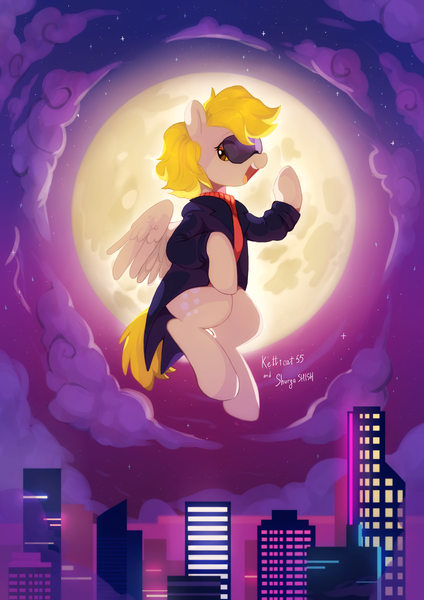 Size: 3507x4961 | Tagged: safe, artist:ketticat55, artist:shuryashish, derpibooru import, derpy hooves, pegasus, pony, collaboration, moon, retrowave, solo