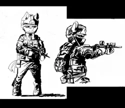 Size: 1477x1278 | Tagged: safe, artist:draw3, derpibooru import, earth pony, semi-anthro, 4chan, assault rifle, badass, bipedal, clothes, drawthread, gun, helmet, /mlp/, monochrome, rifle, tactical vest, traditional art, weapon