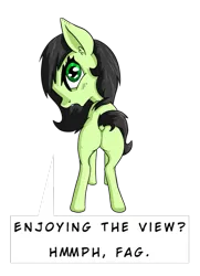 Size: 579x798 | Tagged: suggestive, artist:happy harvey, derpibooru import, oc, oc:anonfilly, earth pony, pony, broken perspective, butt, colored, dialogue, dock, ear fluff, eyelashes, faggot, female, filly, implied foalcon, looking at you, looking back, open mouth, raised tail, shading, swearing, tail, tail lift, teeth, vulgar