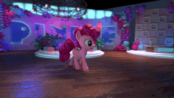 Size: 800x450 | Tagged: safe, derpibooru import, screencap, pinkie pie, earth pony, pony, hello pinkie pie, 3d, animated, balloon, chair, dancing, gif, light, looking at you, moonwalk, plant, potted plant, smiling, solo, streamer, studio, year in review