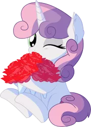 Size: 5565x7749 | Tagged: safe, artist:cyanlightning, derpibooru import, sweetie belle, pony, unicorn, .svg available, absurd resolution, bouquet, cute, cutie mark, diasweetes, ear fluff, female, filly, flower, one eye closed, rose, simple background, sitting, smiling, solo, tail stand, transparent background, vector
