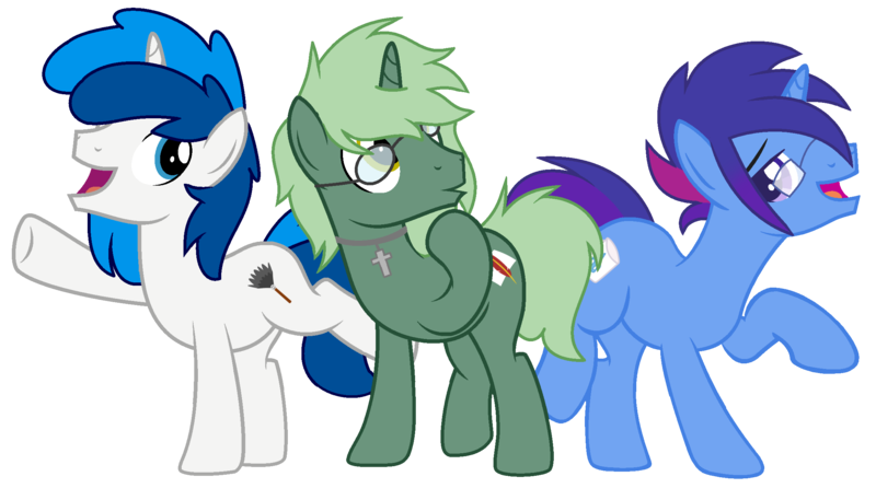 Size: 2292x1278 | Tagged: safe, artist:celestial-rue0w0, derpibooru import, oc, oc:feathertrap, oc:marquis majordome, oc:soft mane, unofficial characters only, pony, unicorn, 2020 community collab, derpibooru community collaboration, base used, commission, cross, glasses, jewelry, male, multicolored hair, necklace, open mouth, raised hoof, raised leg, simple background, stallion, transparent background