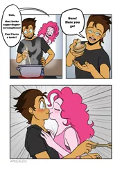 Size: 3541x5016 | Tagged: safe, artist:feellikeaplat, deleted from derpibooru, derpibooru import, pinkie pie, oc, oc:copper plume, comic:the copperpie chronicles, equestria girls, blushing, canon x oc, clothes, comic, commission, commissioner:imperfectxiii, cooking, cooking pot, copperpie, female, freckles, glasses, licking, male, shipping, shirt, smiling, spoon, steam, straight, surprised, tongue out, wide eyes, wooden spoon