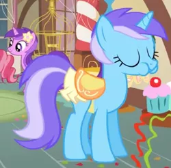 Size: 822x808 | Tagged: safe, derpibooru import, screencap, amethyst star, cup cake, diamond mint, pony, unicorn, a bird in the hoof, aweeg*, background pony, cropped, cupcake, eating, eyes closed, female, food, mare, recolor, saddle, solo focus, tack