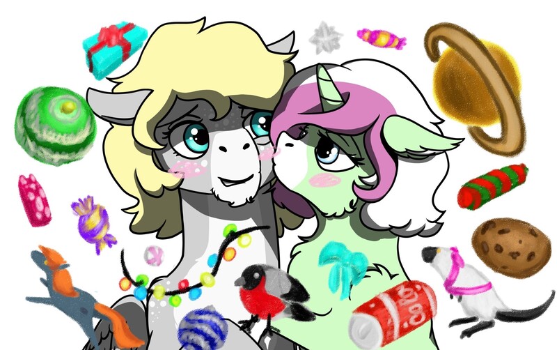 Size: 2471x1550 | Tagged: safe, artist:gusinya, derpibooru import, oc, oc:gray bird, oc:minty horn, oc:rain drop, unofficial characters only, dinosaur, earth pony, pegasus, pony, unicorn, blushing, bullfinch, candy, cheek fluff, chest fluff, cola cola, cookie, couple, cute, ear fluff, female, fluffy, food, garland, kiss on the cheek, kissing, love, male, mare, planet, present, ribbon, simple background, smiling, stallion, toy