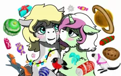Size: 2471x1550 | Tagged: safe, artist:gusinya, derpibooru import, oc, oc:gray bird, oc:minty horn, oc:rain drop, unofficial characters only, dinosaur, earth pony, pegasus, pony, unicorn, blushing, bullfinch, candy, cheek fluff, chest fluff, cola cola, cookie, couple, cute, ear fluff, female, fluffy, food, garland, kiss on the cheek, kissing, love, male, mare, planet, present, ribbon, simple background, smiling, stallion, toy