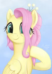 Size: 1920x2748 | Tagged: safe, artist:flutterstormreturns, derpibooru import, fluttershy, pegasus, pony, the last problem, bust, colored, cute, female, folded wings, gradient background, hair over one eye, hoof on chest, looking at you, mare, older, older fluttershy, portrait, raised hoof, shyabetes, smiling, solo, three quarter view, wings