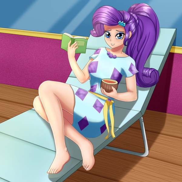 Size: 1024x1024 | Tagged: safe, alternate version, artist:focusb, derpibooru import, edit, editor:thomasfan45, rarity, human, equestria girls, equestria girls series, spring breakdown, spoiler:eqg series (season 2), barefoot, barrette, beach chair, book, clothes, cruise ship, dress, drink, feet, female, human coloration, juice, legs, looking at you, lounging, ponytail, scene interpretation, smiling, solo, stupid sexy rarity