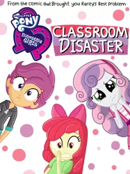 Size: 2048x2732 | Tagged: safe, artist:justsomepainter11, derpibooru import, apple bloom, scootaloo, sweetie belle, comic:classroom disaster, equestria girls, clothes, comic, confused, cover, cute eyes, logo, older, older apple bloom, older scootaloo, older sweetie belle, scared, simple background, wide eyes