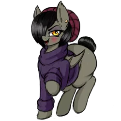 Size: 1200x1200 | Tagged: safe, artist:aer0 zer0, derpibooru import, oc, oc:enzeria, unofficial characters only, bat pony, 2020 community collab, derpibooru community collaboration, beanie, clothes, ear piercing, earring, female, hair over one eye, hat, jewelry, lidded eyes, open mouth, piercing, simple background, smiling, solo, sweater, the ass was fat, transparent background