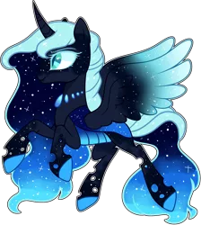 Size: 2540x2835 | Tagged: artist:kurosawakuro, base used, changepony, derpibooru import, ethereal mane, female, hybrid, interspecies offspring, magical lesbian spawn, oc, oc:midnight blue, offspring, parent:princess luna, parent:queen chrysalis, parents:chrysaluna, safe, simple background, solo, starry mane, starry wings, transparent background, wings