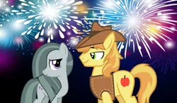 Size: 2064x1203 | Tagged: braeble, braeburn, crack shipping, derpibooru import, female, fireworks, happy new year, happy new year 2020, holiday, looking at each other, male, marble pie, new year, night, safe, shipping, smiling, straight