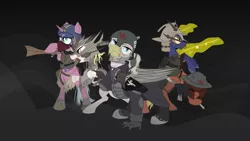 Size: 2600x1463 | Tagged: safe, artist:aaronmk, derpibooru import, earth pony, gryphon, unicorn, fallout equestria, anti-materiel rifle, armor, clothes, group, gun, handgun, helmet, holster, levitation, magic, pistol, raider, rearing, rifle, standing, talon merc, telekinesis, weapon