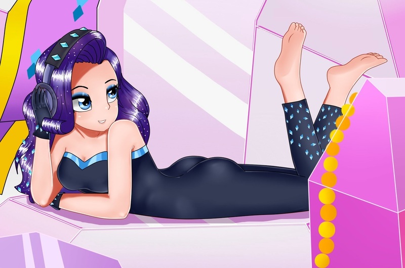 Size: 1280x848 | Tagged: safe, alternate version, artist:focusb, derpibooru import, edit, editor:thomasfan45, rarity, human, equestria girls, equestria girls series, the other side, barefoot, breasts, butt, cleavage, clothes, fabulous, feet, female, gloves, headphones, human coloration, laying on stomach, rearity, scene interpretation, sexy, solo, strapless, stupid sexy rarity, unitard