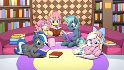 Size: 2560x1440 | Tagged: safe, artist:mysticalpha, derpibooru import, oc, oc:bay breeze, oc:cloud zapper, oc:storm surge, oc:topstitch, unofficial characters only, pegasus, pony, book, bookshelf, bow, female, male, mare, pegasus oc, reading, stallion, wings