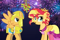 Size: 2400x1600 | Tagged: safe, derpibooru import, edit, flash sentry, sunset shimmer, pony, christmas, female, flashimmer, holiday, male, mistleholly, new year, shipping, straight, vector