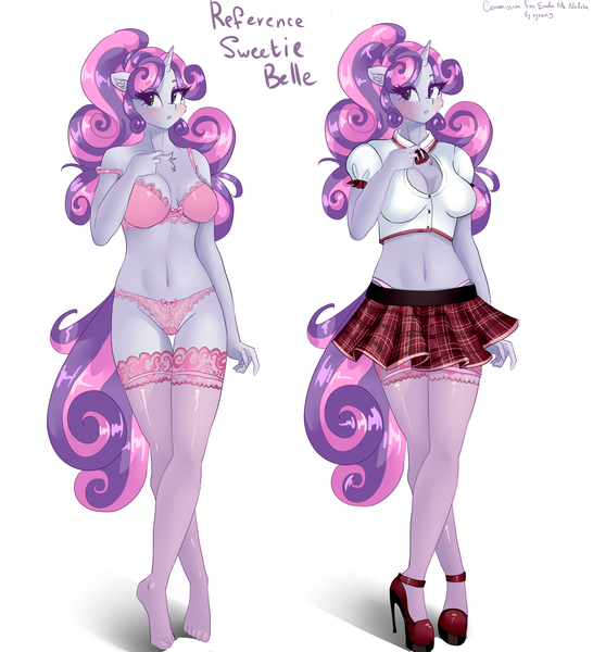 Size: 2344x2576 | Tagged: anthro, artist:xjenn9, belly button, bra, breasts, clothes, commissioner:endbringer99, derpibooru import, eyeshadow, high heels, lingerie, makeup, midriff, miniskirt, older, older sweetie belle, panties, pink underwear, plaid skirt, plantigrade anthro, pleated skirt, ponytail, reference, reference sheet, school uniform, shoes, skirt, socks, stockings, suggestive, sweetie belle, thigh highs, underwear