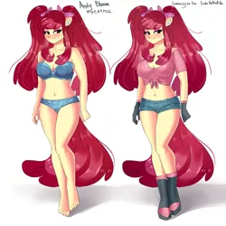 Size: 4000x4000 | Tagged: ambiguous facial structure, anthro, apple bloom, artist:xjenn9, belly button, blue underwear, boots, bra, breasts, busty apple bloom, clothes, commissioner:endbringer99, denim shorts, derpibooru import, eyeshadow, front knot midriff, gloves, makeup, midriff, older, older apple bloom, panties, pigtails, plantigrade anthro, reference, reference sheet, ribbon, shoes, shorts, suggestive, underwear