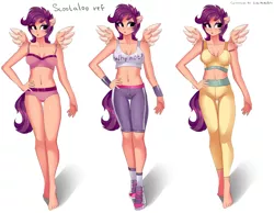 Size: 5150x4000 | Tagged: anthro, artist:xjenn9, barefoot, belly button, bra, breasts, clothes, commissioner:endbringer99, derpibooru import, feet, human facial structure, leggings, midriff, older, older scootaloo, panties, pink underwear, plantigrade anthro, reference, reference sheet, scootaloo, shorts, sports bra, sports shorts, suggestive, underwear