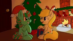 Size: 1024x576 | Tagged: safe, artist:exobass, derpibooru import, oc, oc:muse script, oc:peacock studios, unofficial characters only, earth pony, pony, unicorn, chimney, christmas, christmas tree, fireplace, hat, holiday, present, santa hat, secret santa, tree