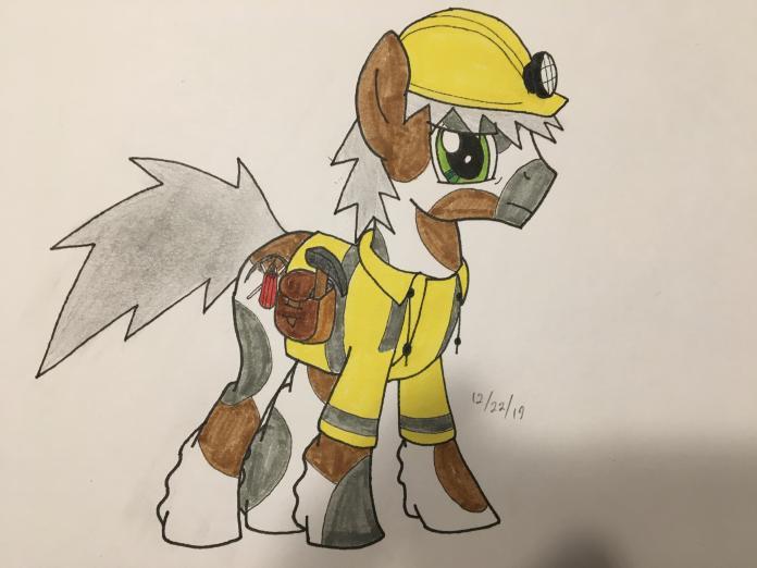 Size: 696x522 | Tagged: safe, artist:carty, derpibooru import, oc, oc:carty, unofficial characters only, earth pony, pony, clothes, helmet, jacket, solo, tools, traditional art