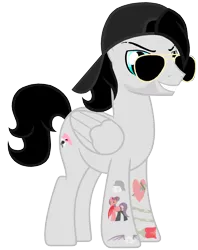 Size: 1536x1944 | Tagged: safe, artist:cv-creations, derpibooru import, oc, oc:skull crusher, unofficial characters only, pegasus, pony, aviators, male, metal, simple background, singer, solo, stallion, tattoo, transparent background, vocalist