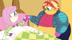 Size: 1024x576 | Tagged: suggestive, artist:jamesawilliams1996, derpibooru import, fluttershy, sunset shimmer, series:retrieving fluttershy's homework, equestria girls, bbw, bed, bedroom, belly, big belly, big breasts, breasts, caring, caring for the sick, clothes, fat, gloves, morbidly obese, obese, pajamas, pillow, sick, slobset shimmer, ssbbw, story included, tissue, winter outfit