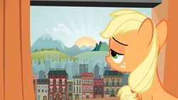 Size: 2880x1620 | Tagged: safe, derpibooru import, screencap, applejack, earth pony, pony, the cutie mark chronicles, building, city, female, filly, filly applejack, foal, hill, manehattan, sad, solo, sun, sunrise, younger