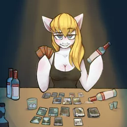 Size: 2048x2048 | Tagged: alcohol, anthro, anthro oc, arm hooves, artist:earthpone, blonde, breasts, cleavage, clothes, commission, derpibooru import, drunk, female, hoof hold, magic the gathering, mare, oc, oc:sunrise flare, smirnoff, solo, suggestive, tanktop, unofficial characters only