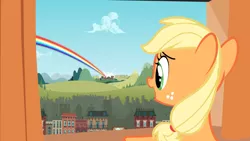 Size: 2880x1620 | Tagged: safe, derpibooru import, screencap, applejack, earth pony, pony, the cutie mark chronicles, building, cloud, female, filly, filly applejack, foal, hill, manehattan, open mouth, ponyville, rainbow, solo, younger