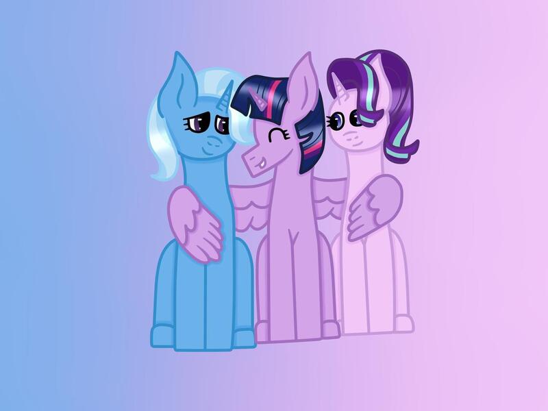 Size: 1280x960 | Tagged: safe, artist:lightningbolt39, derpibooru import, starlight glimmer, trixie, twilight sparkle, female, gradient background, group hug, hug, lesbian, polyamory, shipping, side hug, startrix, twistarlight, twixie, twixstar, winghug