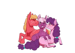 Size: 3508x2480 | Tagged: safe, artist:jackiebloom, derpibooru import, big macintosh, cheerilee, sugar belle, earth pony, pony, unicorn, big macintosh gets all the mares, bisexual, cheerimac, eyes closed, female, freckles, grin, kiss on the cheek, kiss sandwich, kissing, lesbian, lesbian in front of boys, lying down, male, mare, missing cutie mark, one eye closed, polyamory, polygamy, prone, shipping, simple background, smiling, stallion, straight, sugarlee, sugarmac, sugarmaclee, transparent background, unshorn fetlocks, wink