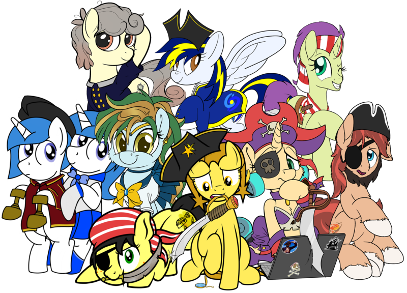 Size: 3159x2276 | Tagged: safe, artist:devfield, artist:litrojia, artist:notadeliciouspotato, artist:osha, artist:pirill, artist:toyminator900, derpibooru import, oc, oc:atlas, oc:clear sky, oc:cottonwood kindle, oc:fidget, oc:golden star, oc:hope spot, oc:huracata, oc:osha, oc:sky spark, oc:uppercute, unofficial characters only, earth pony, genie, pegasus, pony, unicorn, 2020 community collab, derpibooru community collaboration, amputee, bipedal, bow, clothes, collaboration, computer, cosplay, costume, cutie mark, ear piercing, earring, eyepatch, female, hat, headband, jewelry, laptop computer, lazytown, looking at you, male, mare, mouth hold, necklace, open mouth, piercing, pirate, pirate hat, pleated skirt, pocket watch, prosthetic limb, prosthetics, raised leg, risky boots, robbie rotten, sailor, sailor mercury, sailor uranus, scimitar, shantae, simple background, sitting, skirt, skull, skull and crossbones, spread wings, stallion, sword, the pirate bay, transparent background, uniform, unshorn fetlocks, weapon, wings