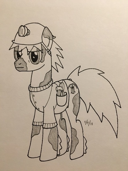 Size: 720x960 | Tagged: safe, artist:carty, derpibooru import, oc, oc:carty, unofficial characters only, earth pony, pony, clothes, helmet, jacket, monochrome, solo, tools, traditional art