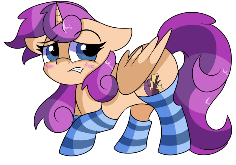 Size: 1280x897 | Tagged: safe, artist:rainbowtashie, author:bigonionbean, derpibooru import, scootaloo, sweetie belle, oc, oc:sweet scooter, alicorn, pegasus, pony, unicorn, adorable face, alicorn oc, blushing, butt, clothes, commissioner:bigonionbean, cute, cutie mark, embarrassed, fusion, fusion:sweet scooter, horn, not an alicorn, pegacorn, plot, seductive pose, socks, striped socks, sultry pose, wings