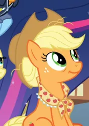 Size: 398x563 | Tagged: safe, derpibooru import, screencap, applejack, earth pony, pony, the last problem, applejack's hat, cowboy hat, cropped, cute, female, granny smith's scarf, hair bun, hat, jackabetes, looking up, mare, offscreen character, older, older applejack, sitting, smiling, solo focus