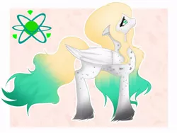 Size: 1024x768 | Tagged: safe, artist:hellaoverlord, derpibooru import, oc, oc:uranium decay, ponified, unofficial characters only, object pony, original species, pegasus, pony, atom, cutie mark, element pony, female, gradient hooves, gradient mane, gradient tail, looking up, mare, solo, spots