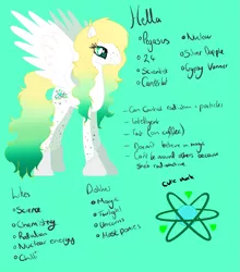 Size: 945x1076 | Tagged: safe, artist:hellaoverlord, derpibooru import, oc, oc:uranium decay, ponified, unofficial characters only, object pony, original species, pegasus, pony, atom, base used, cutie mark, element pony, female, gradient hooves, gradient mane, gradient tail, mare, simple background, solo, spots, teal background