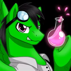 Size: 900x900 | Tagged: safe, artist:nothingspecialx9, derpibooru import, oc, oc:thallium burst, ponified, unofficial characters only, object pony, original species, pegasus, pony, badass, black background, bust, clothes, element pony, glass, goggles, lab coat, male, simple background, stallion