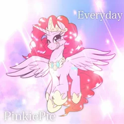 Size: 1536x1536 | Tagged: safe, artist:kurogewapony, derpibooru import, idw, pinkie pie, alicorn, pony, spoiler:comic, alicornified, crown, cute, diapinkes, female, flying, hoof shoes, jewelry, mare, one eye closed, peytral, pinkiecorn, princess of chaos, race swap, regalia, sky, smiling, solo, spread wings, wings, wink, xk-class end-of-the-world scenario